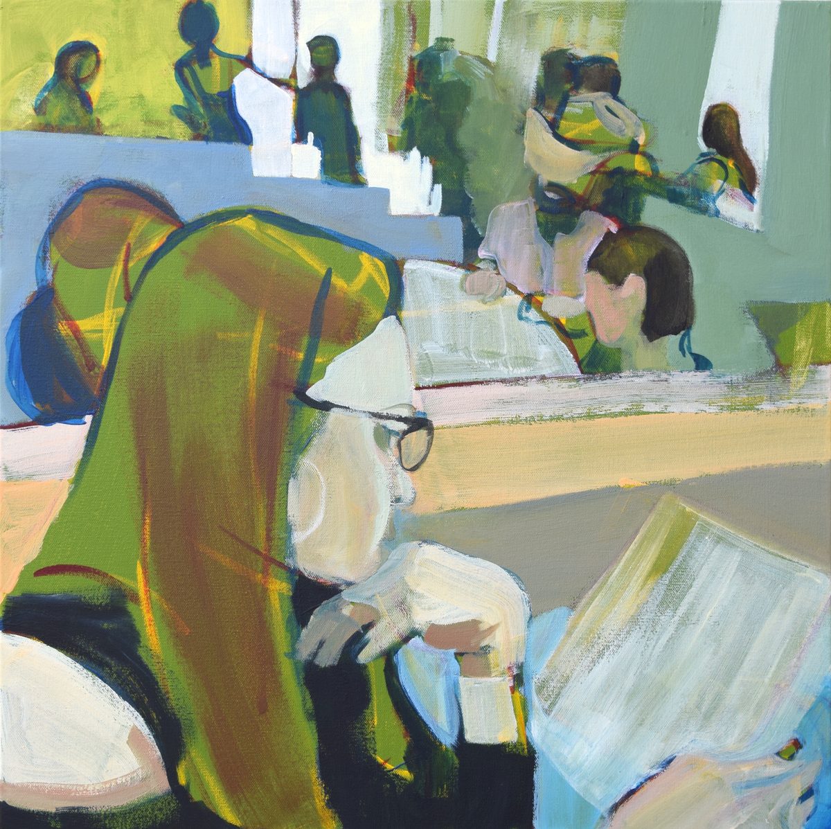 A Request: a woman in glasses reads at a table while figures gather in the light behind her