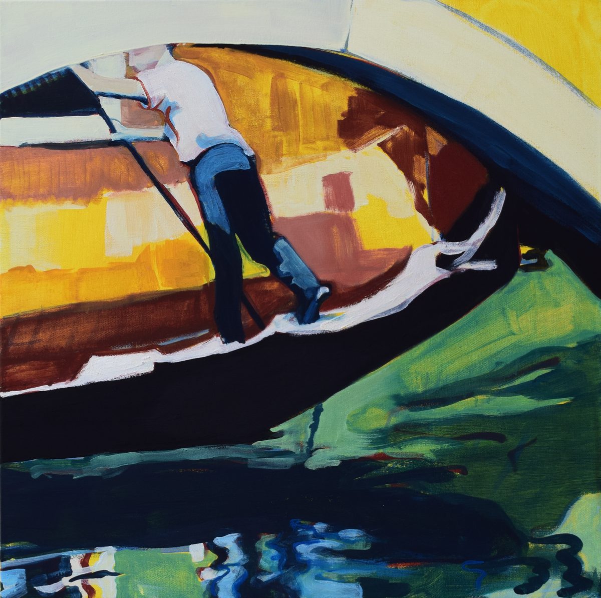In an Instant: a gondolier pushes his boat beneath the arch of a bridge, the water broken into yellow and green