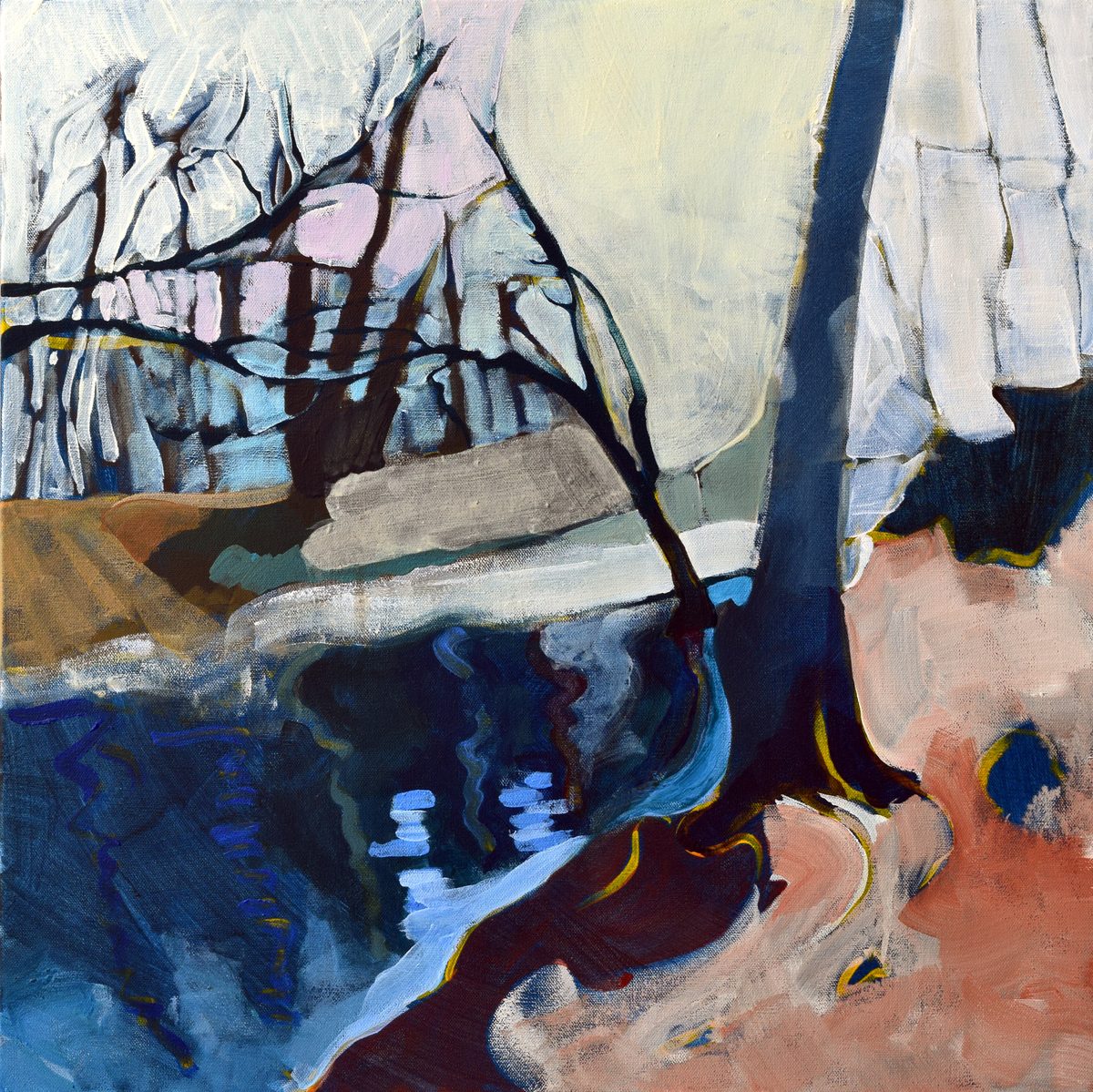 Perfect's World: bare dark trees lean over a still blue stream beneath a pale sky