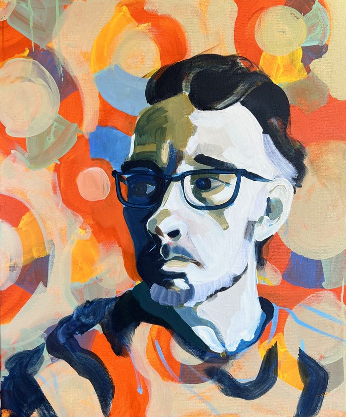 Self-portrait: the artist in dark glasses against a field of orange, blue, and cream circles
