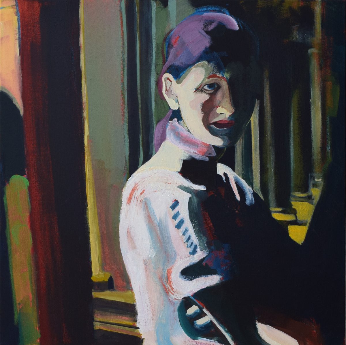 The Lady of Palermo: a woman in a pale sweater turns toward the viewer from a shadowed doorway