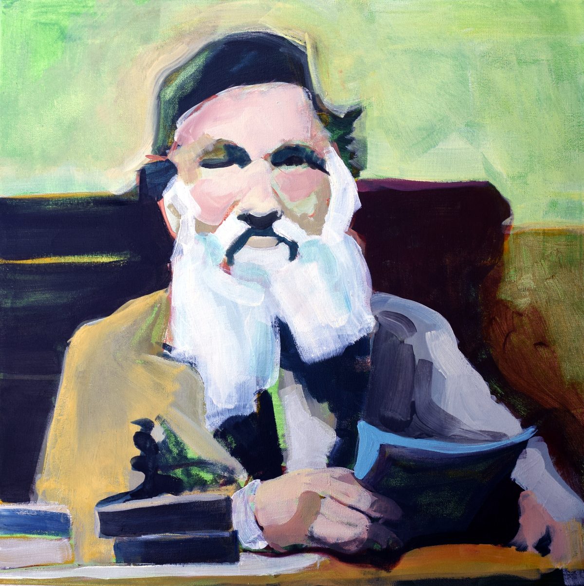 The Last Postman: a white-bearded man in a dark cap sits at a desk holding a blue folder, against a green wall
