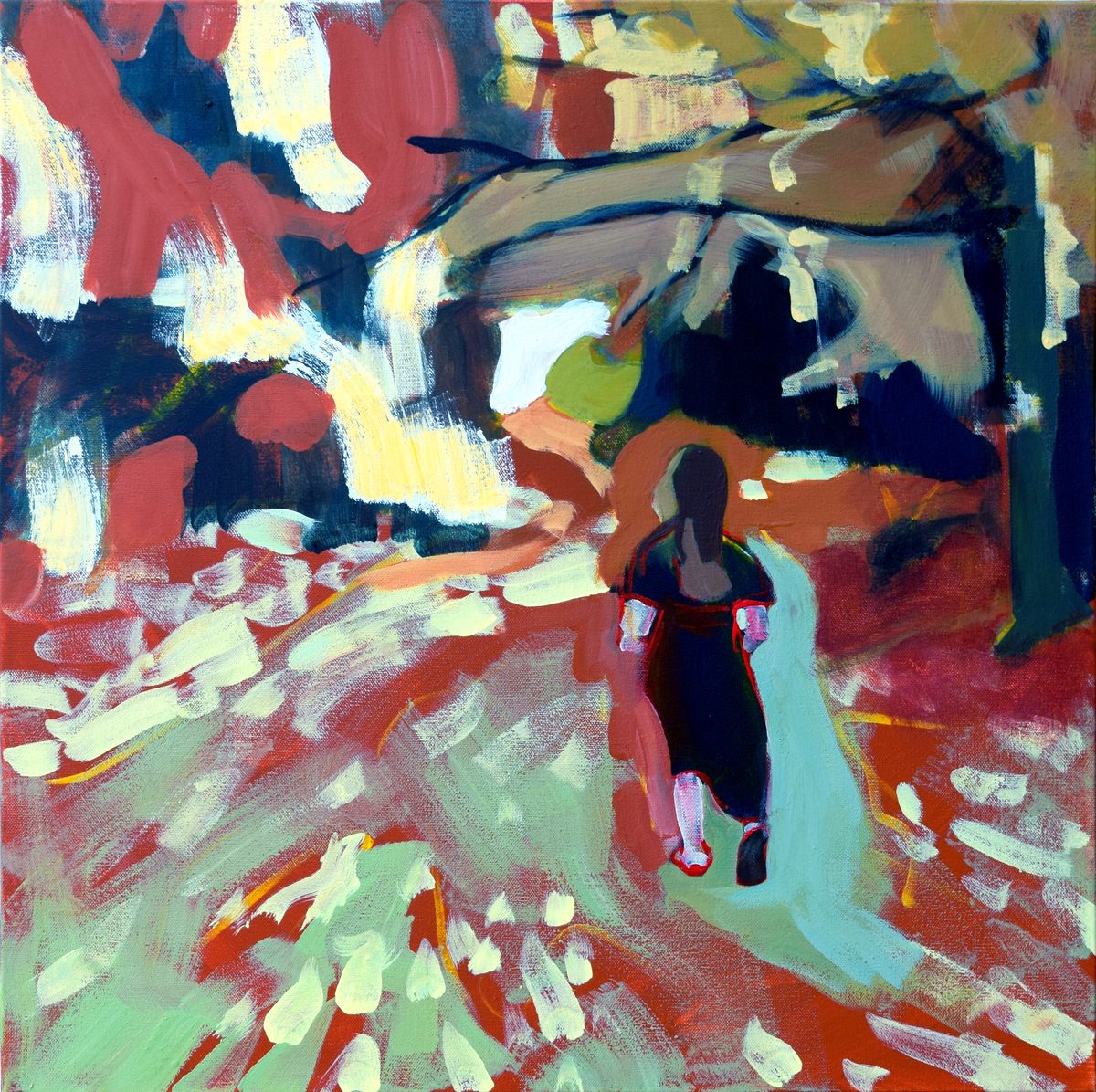 Turn West: a small figure walks down a path through a blaze of red, white, and green